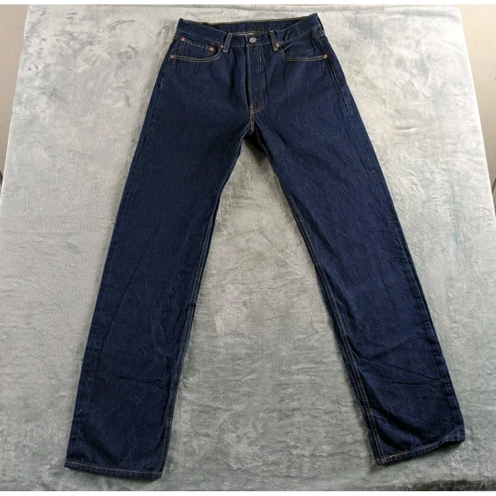 Levis 501 Jeans Men 33x34 Blue Button Fly Straight Dark Wash Raw Denim READ